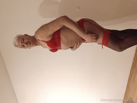 Mandy Winger in Red Lingerie - Sissy Crossdresser in Stockings & Garter