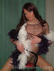 Mandy Winger - Sexy Sissy in Fishnet Dress with Feather Boa  Crossdresser Tease
